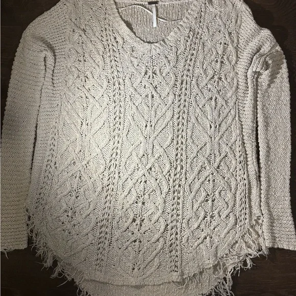 Free People Tan Crew Neck Sweater with Intricate Knit Pattern - Picture 2 of 12
